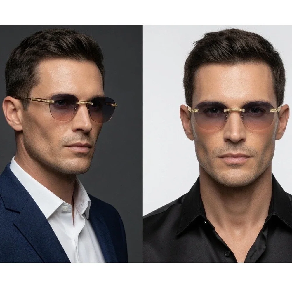 Mens‎ HIP HOP Rimless Gold Round Sunglasses Purple Peach Sophisticated Designer